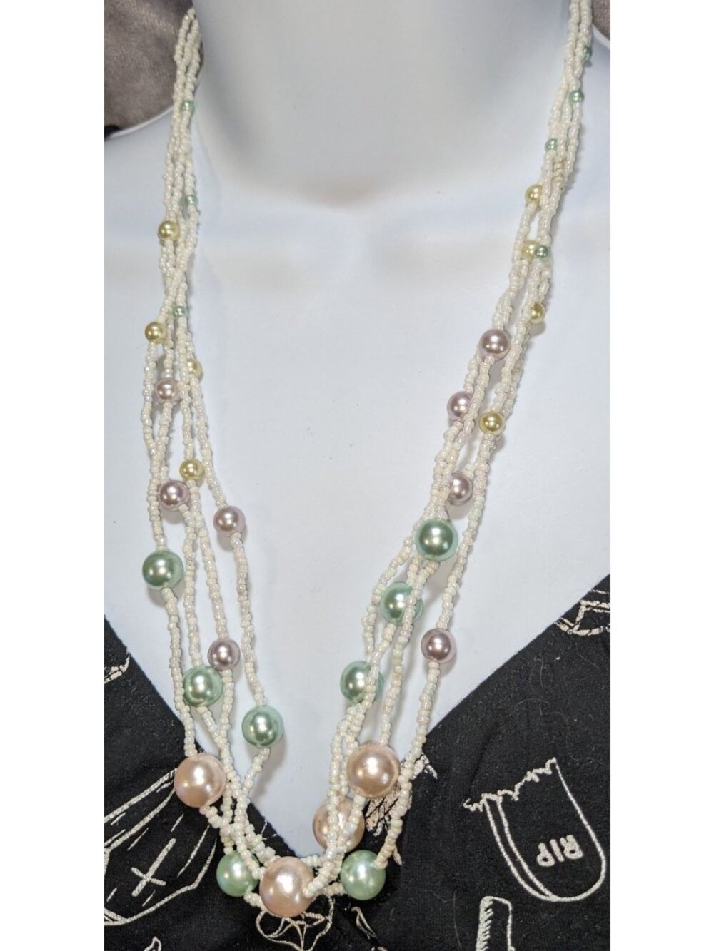 Coquette Cottagecore Layered Faux Pearl Seed Bead Multi Strand Statement Necklac - Picture 5 of 5